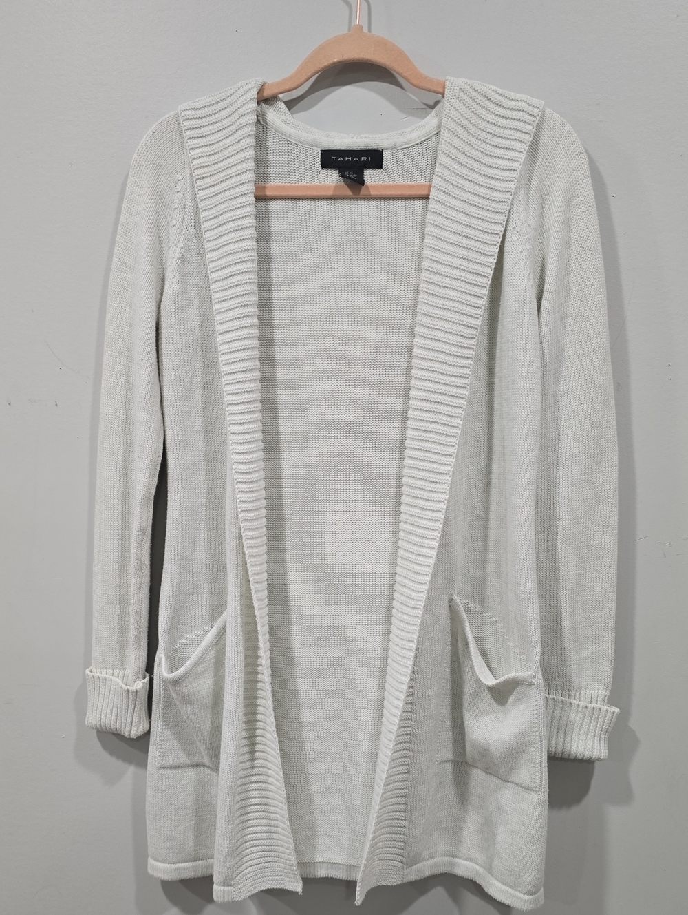 Tahari Light Cream Open-Front Ribbed Cardigan